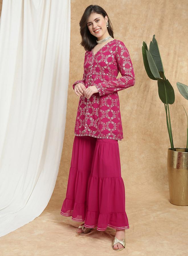globus Women Pink V-Neck Gold Foil Print Tunic and Sharara Co-Ords - Image 1